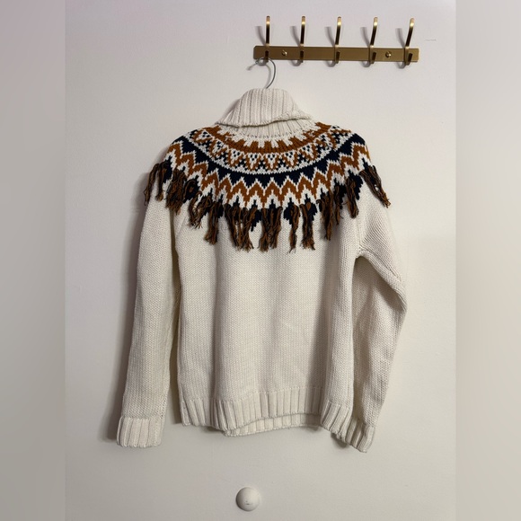Forever 21 Cream Navy Blue Nordic Boho Fair Isle Fringe Sweater Women’s Sz M - Picture 8 of 8